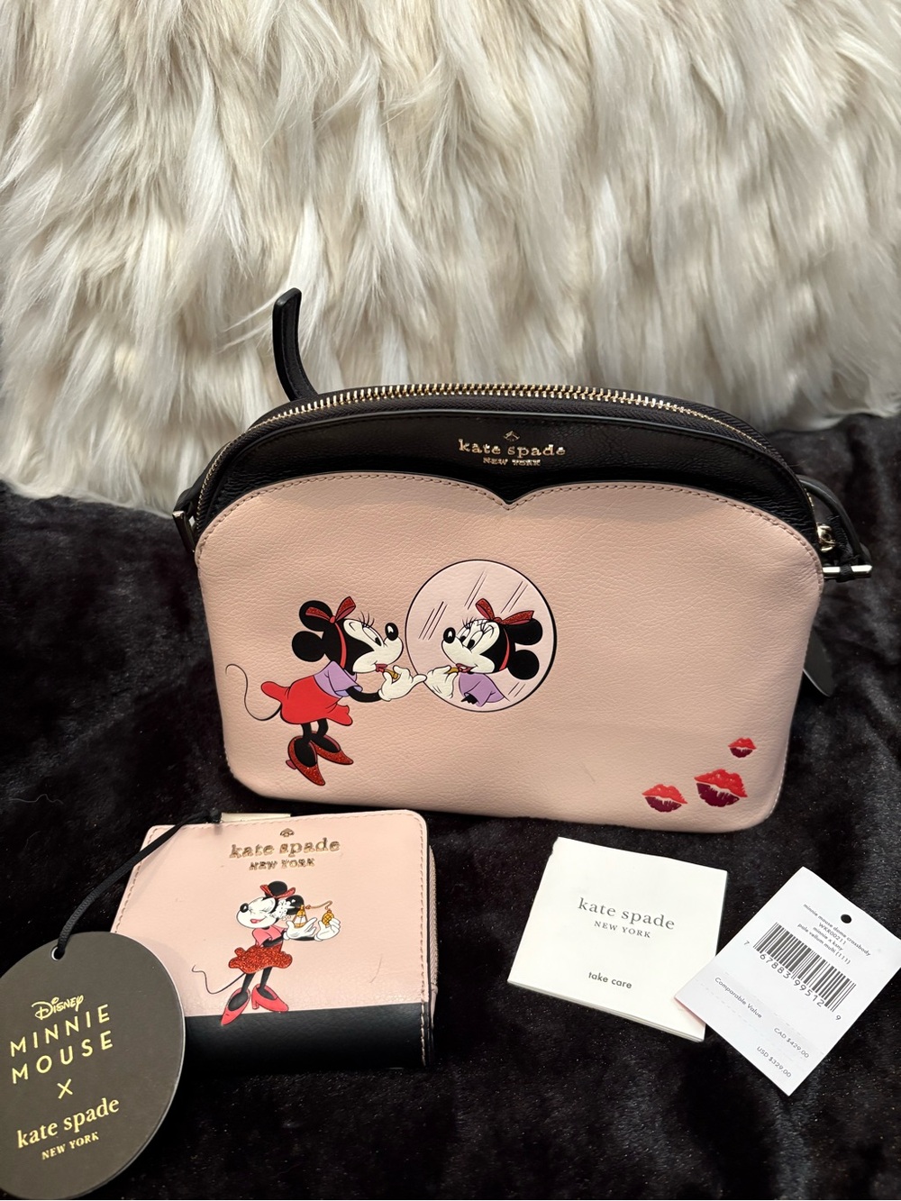 Kate Spade Pink & Black Minnie Mouse Crossbody Purse w/Matching Wallet